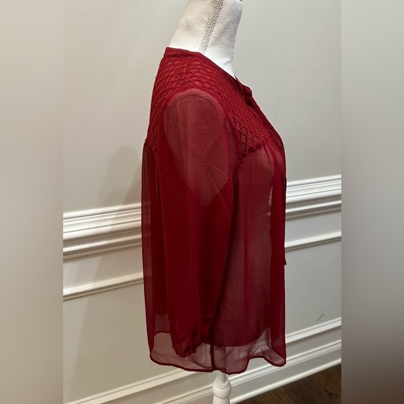 Lucky Brand Red Sheer Boho Embroidered 3/4 Sleeve Blouse with Tassels Sz S - Picture 3 of 9